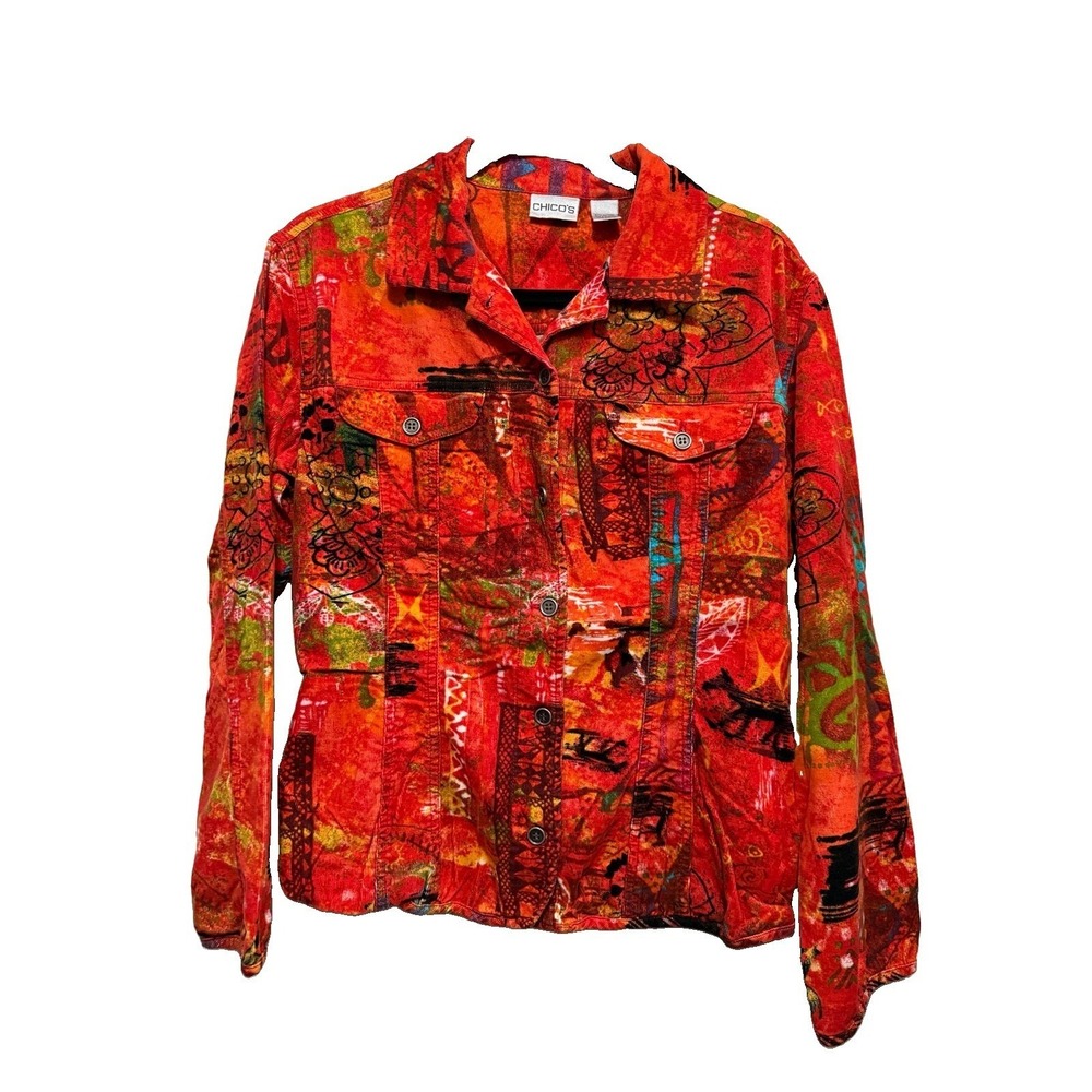 Chicos Jacket Womens 1 M Bright Orange Abstract Fine‎ Wale Corduroy Shirt Top